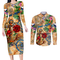 Saint Martin Couples Matching Long Sleeve Bodycon Dress and Long Sleeve Button Shirt Geographic Coordinate Anchor - Turlte Tropical