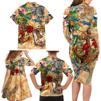 Saint Martin Family Matching Long Sleeve Bodycon Dress and Hawaiian Shirt Geographic Coordinate Anchor - Turlte Tropical
