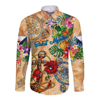 Saint Martin Long Sleeve Button Shirt Geographic Coordinate Anchor - Turlte Tropical