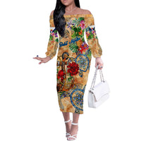 Saint Martin Off The Shoulder Long Sleeve Dress Geographic Coordinate Anchor - Turlte Tropical