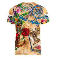 Saint Martin Women V-Neck T-Shirt Geographic Coordinate Anchor - Turlte Tropical