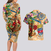 Saint Barthelemy Couples Matching Long Sleeve Bodycon Dress and Hawaiian Shirt Geographic Coordinate Anchor - Turlte Tropical