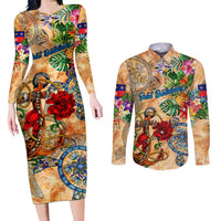 Saint Barthelemy Couples Matching Long Sleeve Bodycon Dress and Long Sleeve Button Shirt Geographic Coordinate Anchor - Turlte Tropical