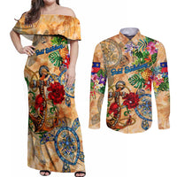 Saint Barthelemy Couples Matching Off Shoulder Maxi Dress and Long Sleeve Button Shirt Geographic Coordinate Anchor - Turlte Tropical