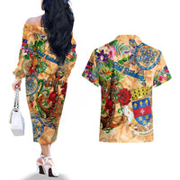 Saint Barthelemy Couples Matching Off The Shoulder Long Sleeve Dress and Hawaiian Shirt Geographic Coordinate Anchor - Turlte Tropical