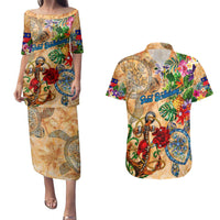Saint Barthelemy Couples Matching Puletasi and Hawaiian Shirt Geographic Coordinate Anchor - Turlte Tropical