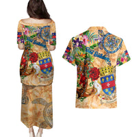Saint Barthelemy Couples Matching Puletasi and Hawaiian Shirt Geographic Coordinate Anchor - Turlte Tropical