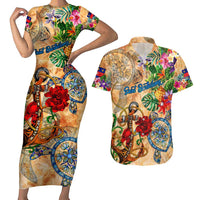 Saint Barthelemy Couples Matching Short Sleeve Bodycon Dress and Hawaiian Shirt Geographic Coordinate Anchor - Turlte Tropical
