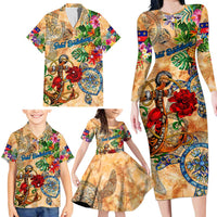Saint Barthelemy Family Matching Long Sleeve Bodycon Dress and Hawaiian Shirt Geographic Coordinate Anchor - Turlte Tropical