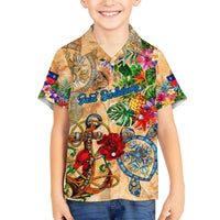 Saint Barthelemy Family Matching Off The Shoulder Long Sleeve Dress and Hawaiian Shirt Geographic Coordinate Anchor - Turlte Tropical