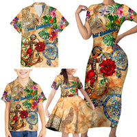 Saint Barthelemy Family Matching Short Sleeve Bodycon Dress and Hawaiian Shirt Geographic Coordinate Anchor - Turlte Tropical
