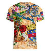 Saint Barthelemy Women V-Neck T-Shirt Geographic Coordinate Anchor - Turlte Tropical