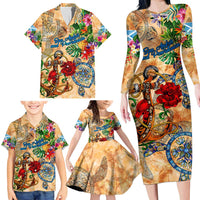 San Andrés and Providencia Family Matching Long Sleeve Bodycon Dress and Hawaiian Shirt Geographic Coordinate Anchor - Turlte Tropical