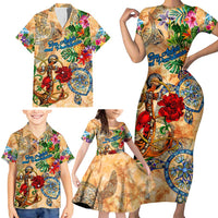 San Andrés and Providencia Family Matching Short Sleeve Bodycon Dress and Hawaiian Shirt Geographic Coordinate Anchor - Turlte Tropical