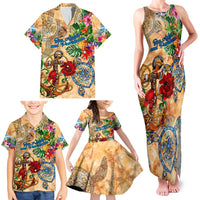 San Andrés and Providencia Family Matching Tank Maxi Dress and Hawaiian Shirt Geographic Coordinate Anchor - Turlte Tropical