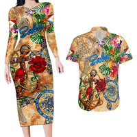 Saba Couples Matching Long Sleeve Bodycon Dress and Hawaiian Shirt Geographic Coordinate Anchor - Turlte Tropical