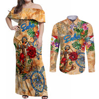 Saba Couples Matching Off Shoulder Maxi Dress and Long Sleeve Button Shirt Geographic Coordinate Anchor - Turlte Tropical