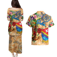 Saba Couples Matching Puletasi and Hawaiian Shirt Geographic Coordinate Anchor - Turlte Tropical