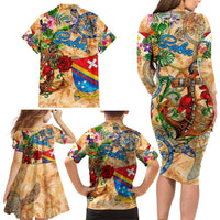 Saba Family Matching Long Sleeve Bodycon Dress and Hawaiian Shirt Geographic Coordinate Anchor - Turlte Tropical