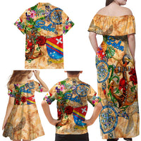 Saba Family Matching Off Shoulder Maxi Dress and Hawaiian Shirt Geographic Coordinate Anchor - Turlte Tropical