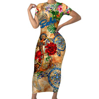 Saba Short Sleeve Bodycon Dress Geographic Coordinate Anchor - Turlte Tropical