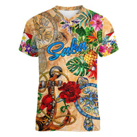 Saba Women V-Neck T-Shirt Geographic Coordinate Anchor - Turlte Tropical