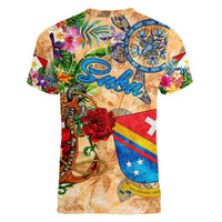 Saba Women V-Neck T-Shirt Geographic Coordinate Anchor - Turlte Tropical