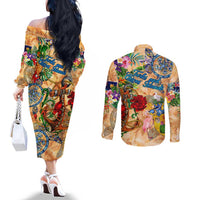 Turks and Caicos Islands Couples Matching Off The Shoulder Long Sleeve Dress and Long Sleeve Button Shirt Geographic Coordinate Anchor - Turlte Tropical
