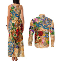 Turks and Caicos Islands Couples Matching Tank Maxi Dress and Long Sleeve Button Shirt Geographic Coordinate Anchor - Turlte Tropical