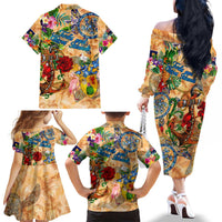 Turks and Caicos Islands Family Matching Off The Shoulder Long Sleeve Dress and Hawaiian Shirt Geographic Coordinate Anchor - Turlte Tropical