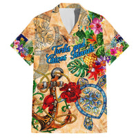 Turks and Caicos Islands Family Matching Off The Shoulder Long Sleeve Dress and Hawaiian Shirt Geographic Coordinate Anchor - Turlte Tropical
