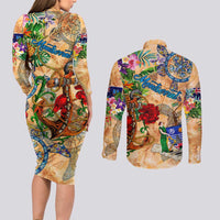 Montserrat Couples Matching Long Sleeve Bodycon Dress and Long Sleeve Button Shirt Geographic Coordinate Anchor - Turlte Tropical