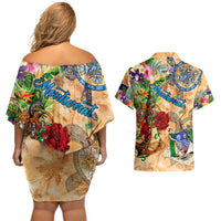 Montserrat Couples Matching Off Shoulder Short Dress and Hawaiian Shirt Geographic Coordinate Anchor - Turlte Tropical