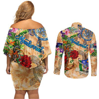 Montserrat Couples Matching Off Shoulder Short Dress and Long Sleeve Button Shirt Geographic Coordinate Anchor - Turlte Tropical
