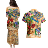 Montserrat Couples Matching Puletasi and Hawaiian Shirt Geographic Coordinate Anchor - Turlte Tropical