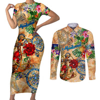 Montserrat Couples Matching Short Sleeve Bodycon Dress and Long Sleeve Button Shirt Geographic Coordinate Anchor - Turlte Tropical