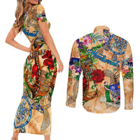 Montserrat Couples Matching Short Sleeve Bodycon Dress and Long Sleeve Button Shirt Geographic Coordinate Anchor - Turlte Tropical