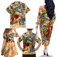 Montserrat Family Matching Off The Shoulder Long Sleeve Dress and Hawaiian Shirt Geographic Coordinate Anchor - Turlte Tropical