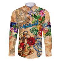 Montserrat Family Matching Off The Shoulder Long Sleeve Dress and Hawaiian Shirt Geographic Coordinate Anchor - Turlte Tropical