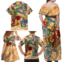 Montserrat Family Matching Off Shoulder Maxi Dress and Hawaiian Shirt Geographic Coordinate Anchor - Turlte Tropical