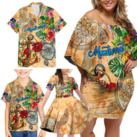 Montserrat Family Matching Off Shoulder Short Dress and Hawaiian Shirt Geographic Coordinate Anchor - Turlte Tropical