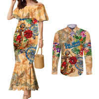 Bay Islands Department Couples Matching Mermaid Dress and Long Sleeve Button Shirt Geographic Coordinate Anchor - Turlte Tropical