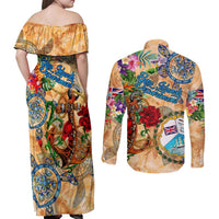 Bay Islands Department Couples Matching Off Shoulder Maxi Dress and Long Sleeve Button Shirt Geographic Coordinate Anchor - Turlte Tropical