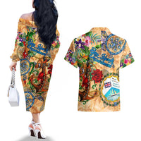 Bay Islands Department Couples Matching Off The Shoulder Long Sleeve Dress and Hawaiian Shirt Geographic Coordinate Anchor - Turlte Tropical