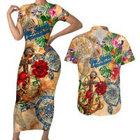 Bay Islands Department Couples Matching Short Sleeve Bodycon Dress and Hawaiian Shirt Geographic Coordinate Anchor - Turlte Tropical