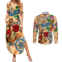 Bay Islands Department Couples Matching Summer Maxi Dress and Long Sleeve Button Shirt Geographic Coordinate Anchor - Turlte Tropical
