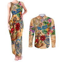 Bay Islands Department Couples Matching Tank Maxi Dress and Long Sleeve Button Shirt Geographic Coordinate Anchor - Turlte Tropical