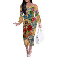 Bay Islands Department Family Matching Off The Shoulder Long Sleeve Dress and Hawaiian Shirt Geographic Coordinate Anchor - Turlte Tropical