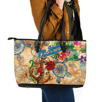 Bay Islands Department Leather Tote Bag Geographic Coordinate Anchor - Turlte Tropical