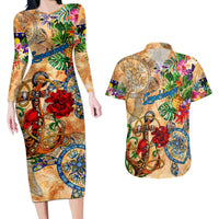 Guadeloupe Couples Matching Long Sleeve Bodycon Dress and Hawaiian Shirt Geographic Coordinate Anchor - Turlte Tropical